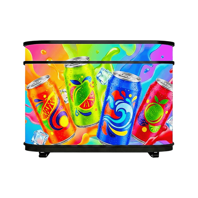 Cabina MINI para DJ de frente con pantalla LED mostrando arte publicitario de latas de refresco