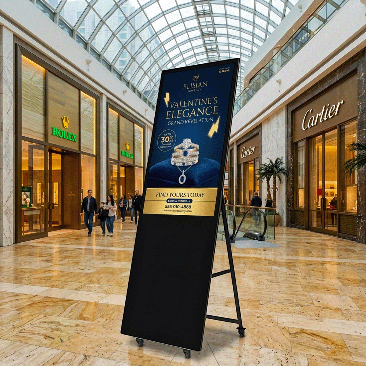 Pantalla LCD vertical sobre base rodante en pasillo de centro comercial con un anuncio de joyería