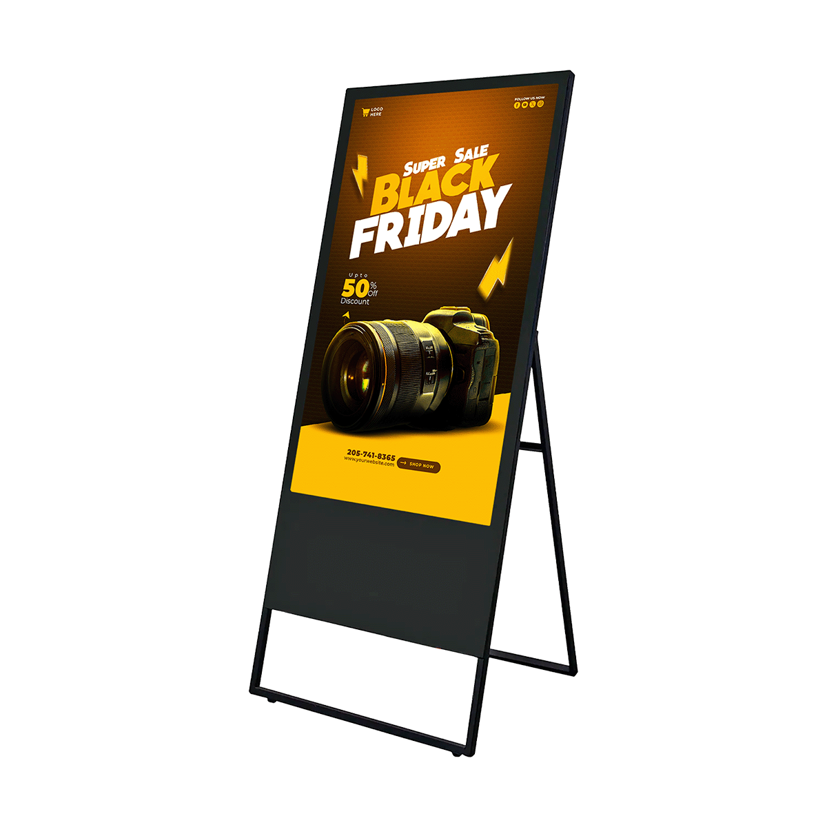 Pantalla portátil LCD vertical en atril plegable con anuncio de Black Friday de una cámara fotográfica
