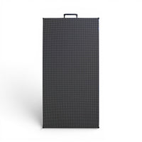 Panel LED vertical visto de frente y apagado, con la retícula de píxeles y su asa superior a la vista