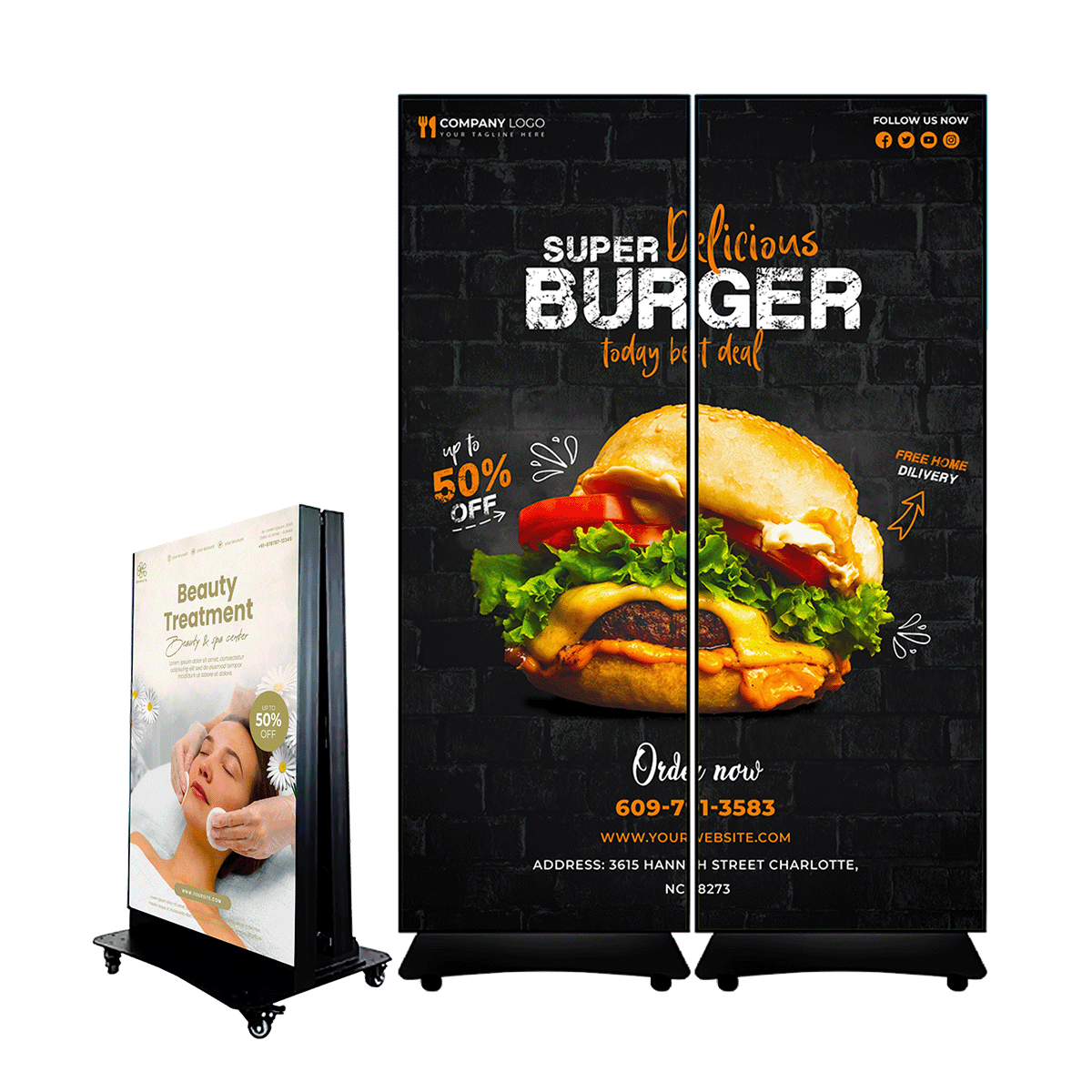 Pósters LED plegables con sistema de fusión: dos paneles unidos como una sola pantalla de anuncio