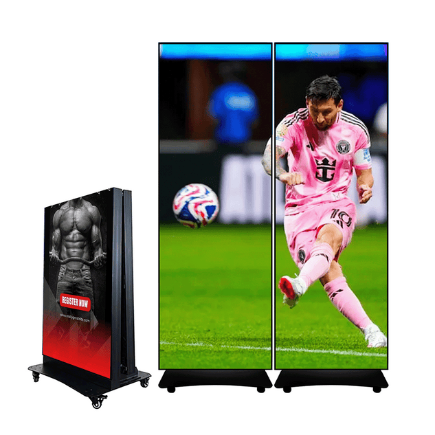 Pósters LED plegables unidos por sistema de fusión, uno con anuncio de gimnasio y dos como pantalla única