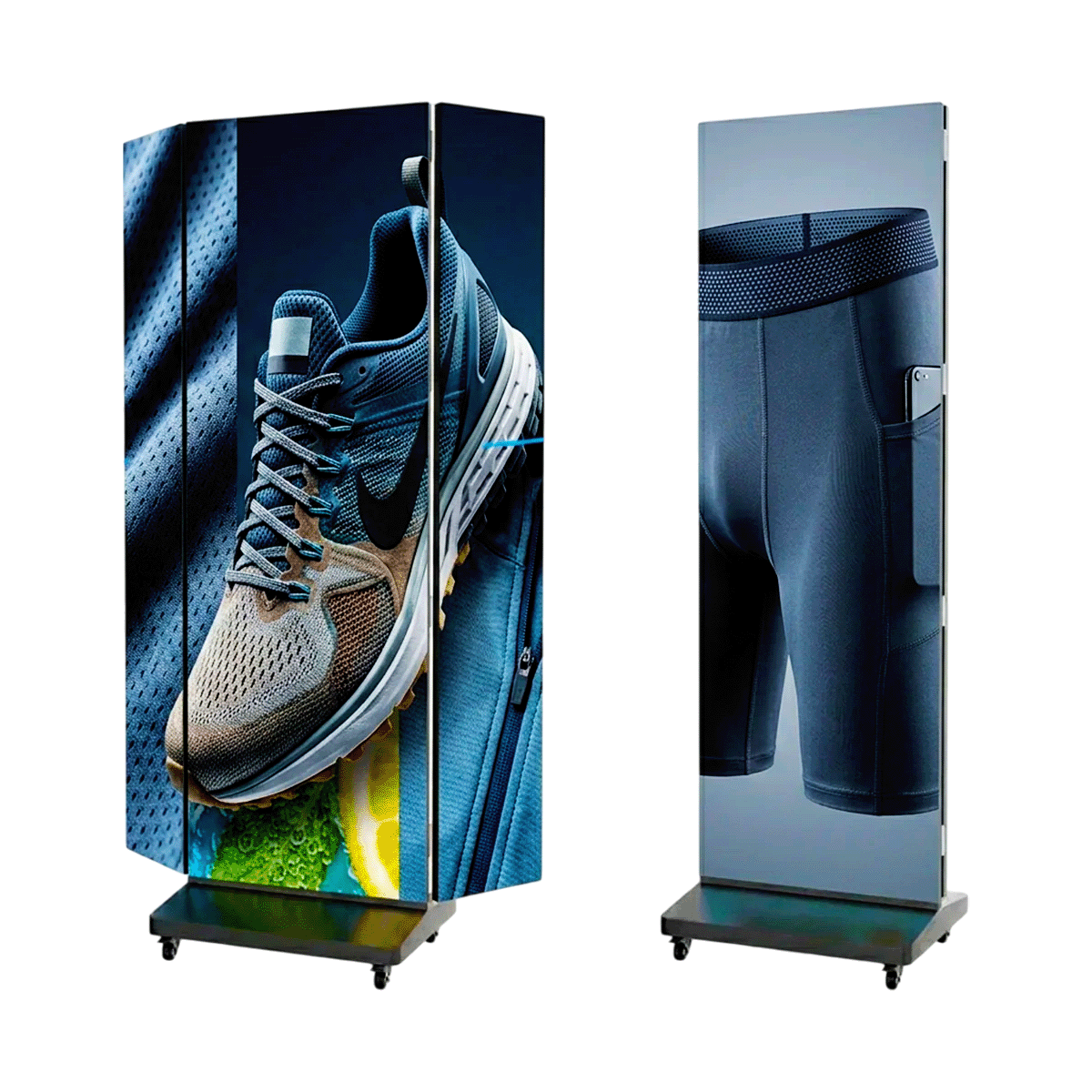 Póster LED plegable Trifold M2MEDIA: cara frontal con un anuncio de tenis deportivos y vista trasera