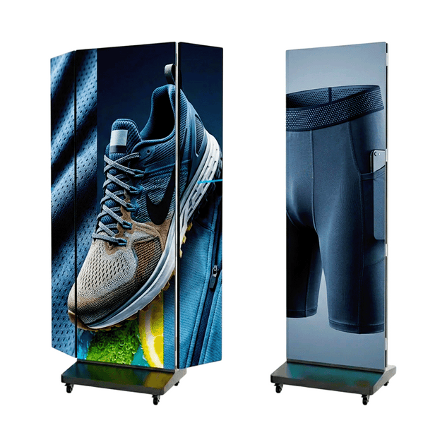 Póster LED plegable Trifold M2MEDIA: cara frontal con un anuncio de tenis deportivos y vista trasera