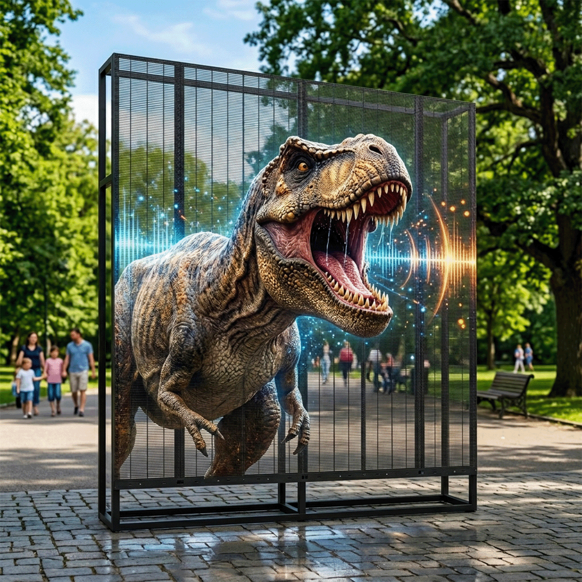 Pantalla LED transparente instalada en un parque, con la imagen de un dinosaurio y gente al fondo