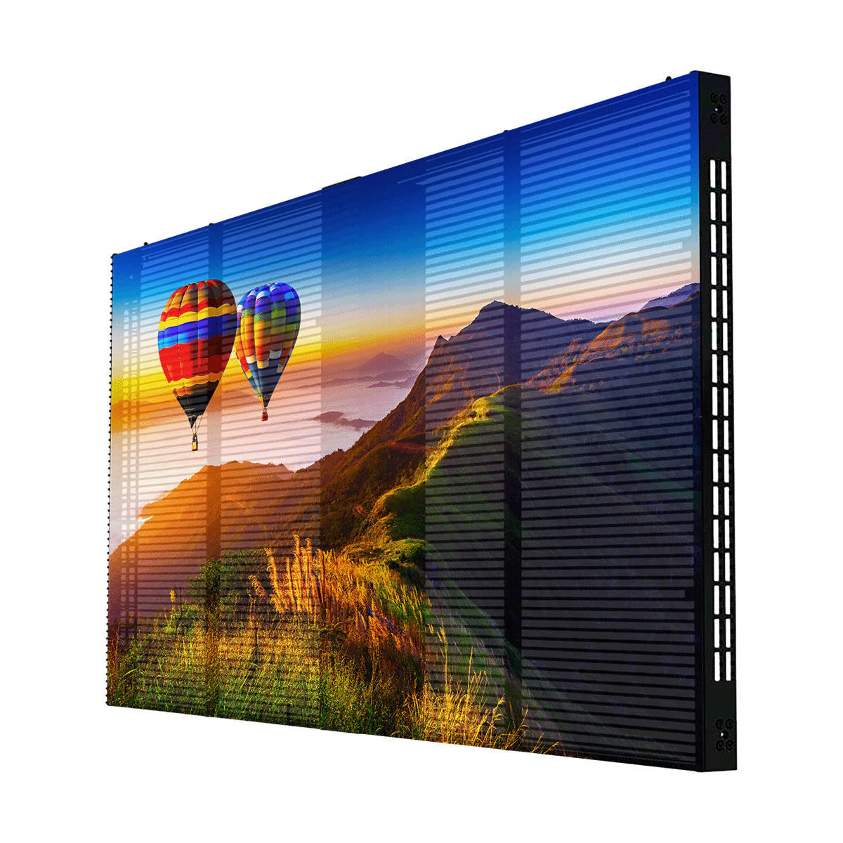Pantalla LED transparente encendida con un paisaje de montaña y globos aerostáticos entre sus tiras