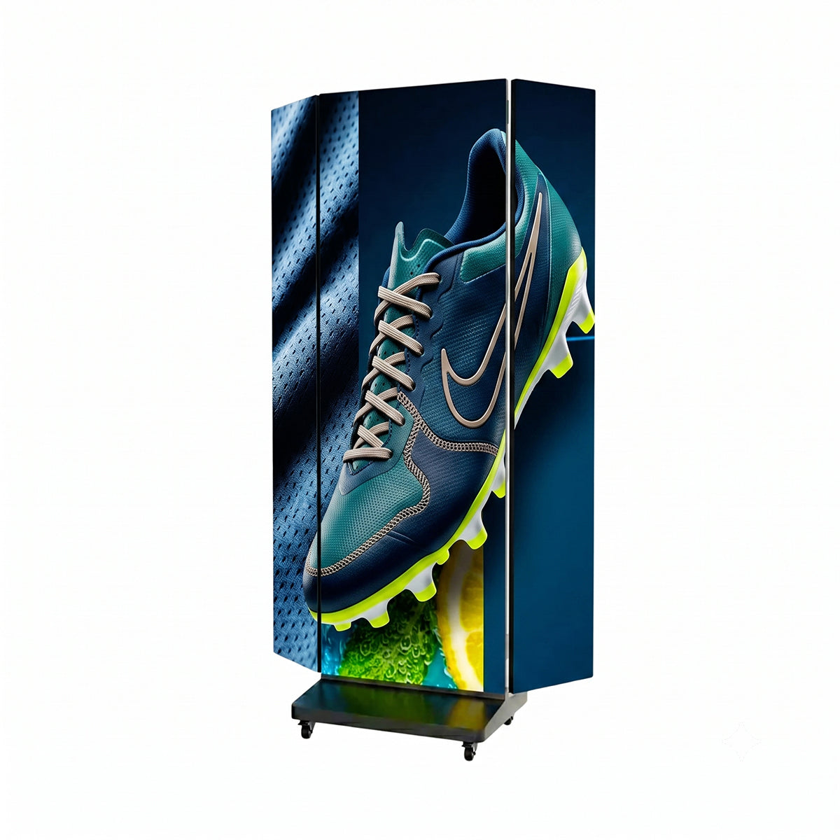 Póster LED Trifold de tres paneles unidos mostrando un anuncio de calzado deportivo sobre pasto