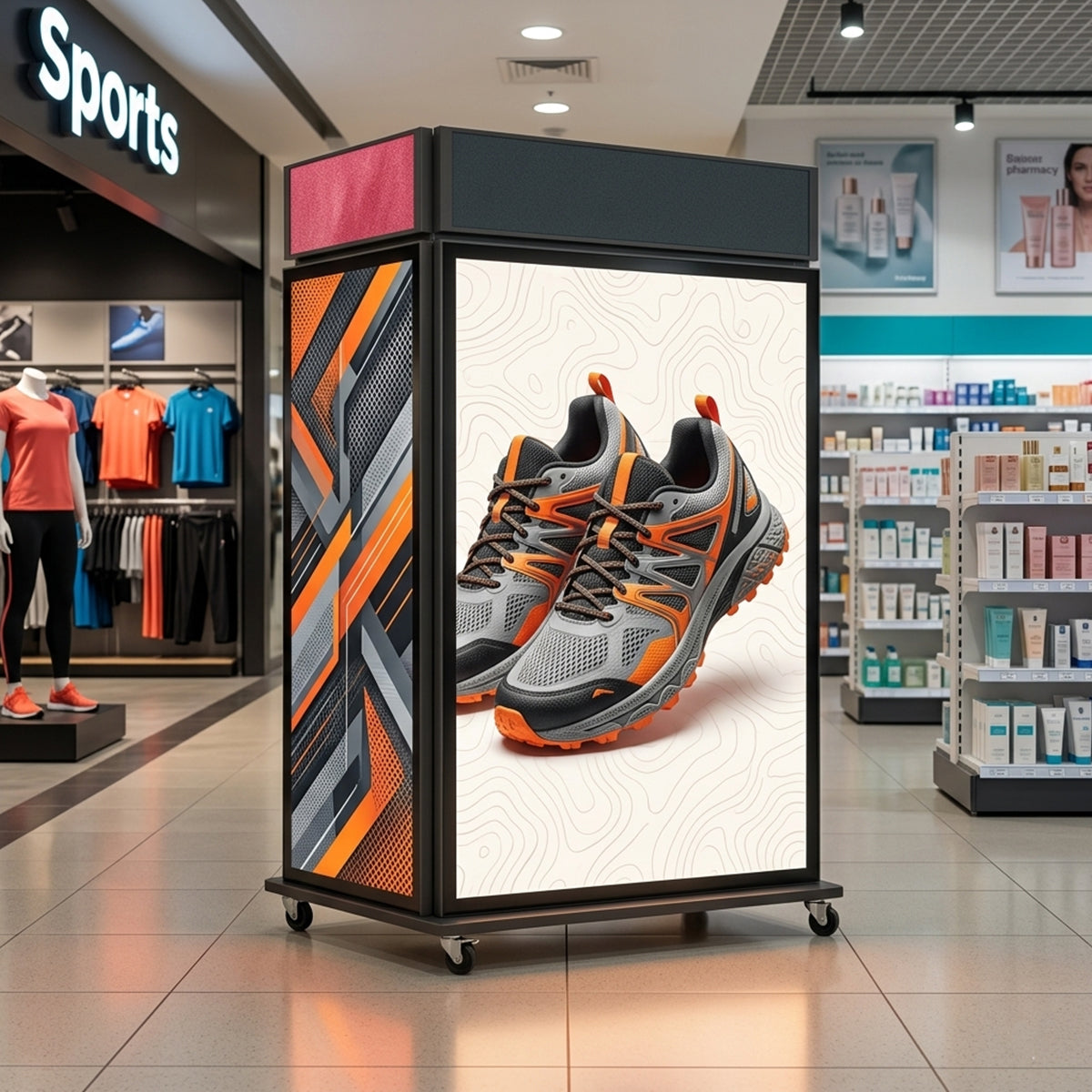Tótem LED Trifold sobre ruedas en el pasillo de un centro comercial, con un anuncio de tenis