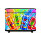 Cabina MINI para DJ de frente con pantalla LED mostrando arte publicitario de latas de refresco