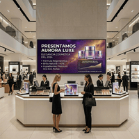 Pantalla LED de 3x1 m instalada sobre el mostrador de cosméticos de una tienda, con el anuncio de una crema