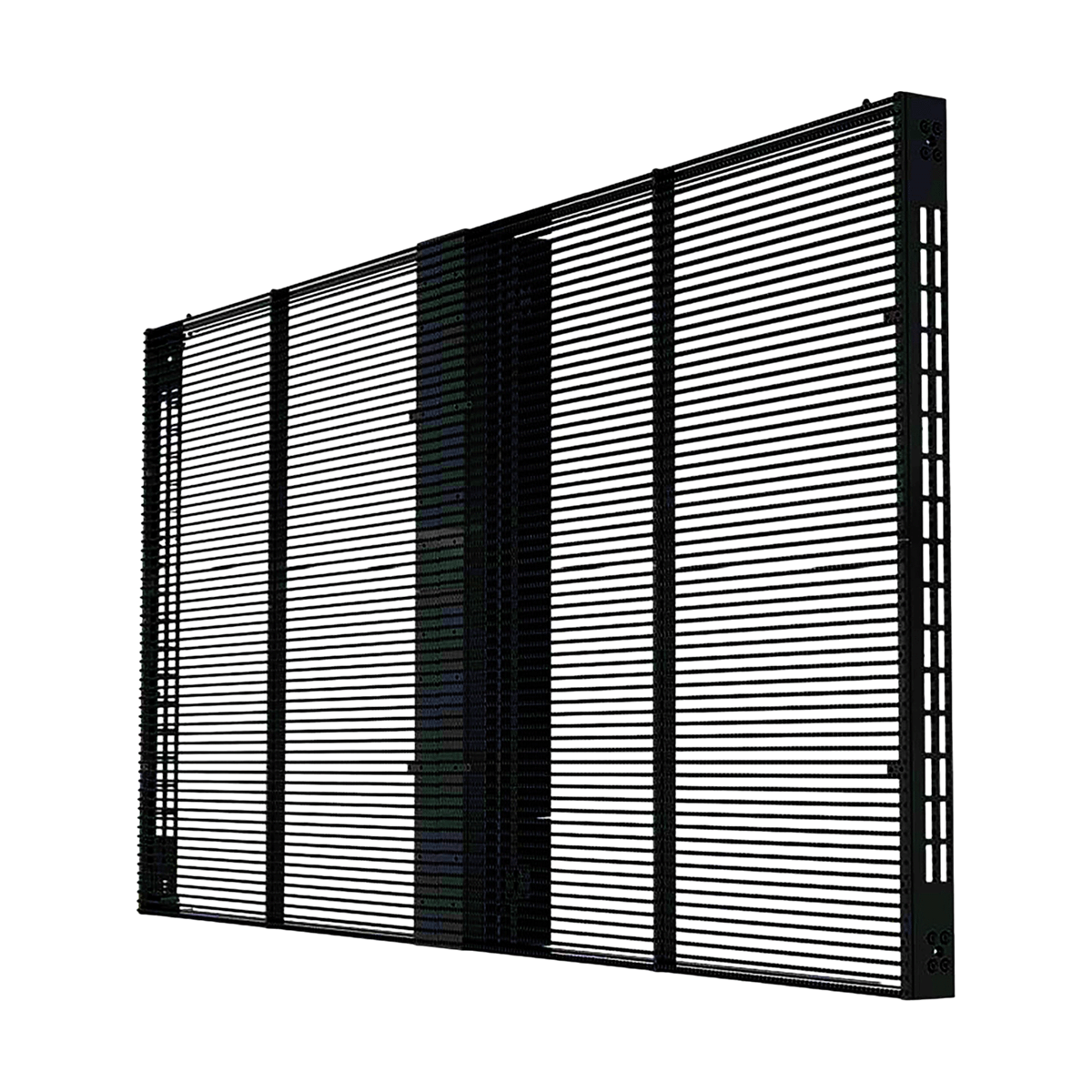 Pantalla LED transparente en tres cuartos, apagada, donde se ve la separación entre tiras de LED