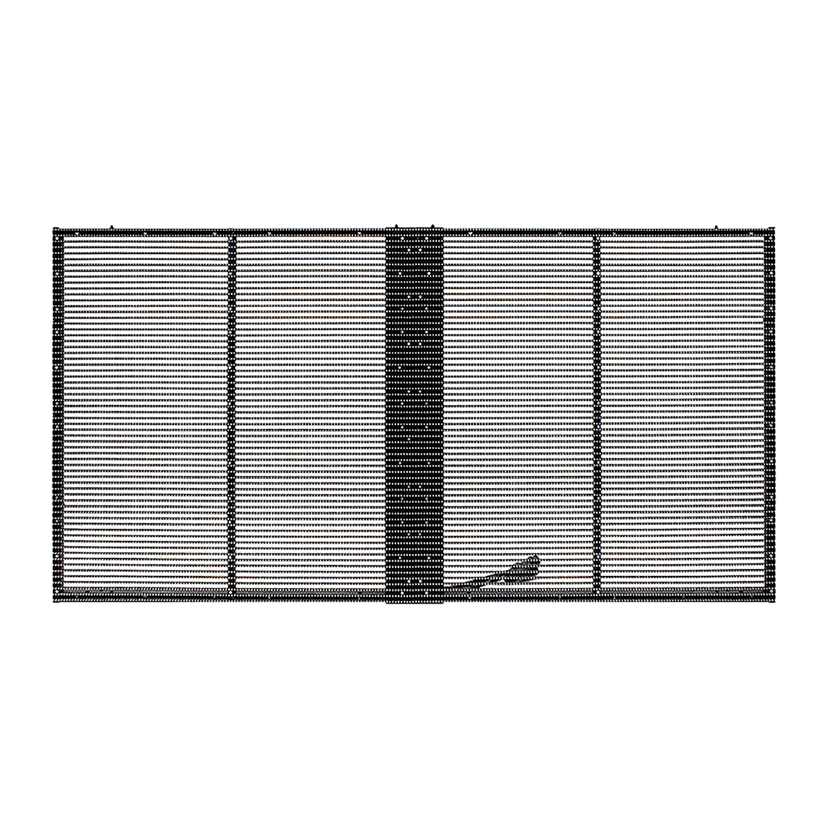 Pantalla LED transparente apagada de frente: tiras horizontales de LED separadas dentro del marco