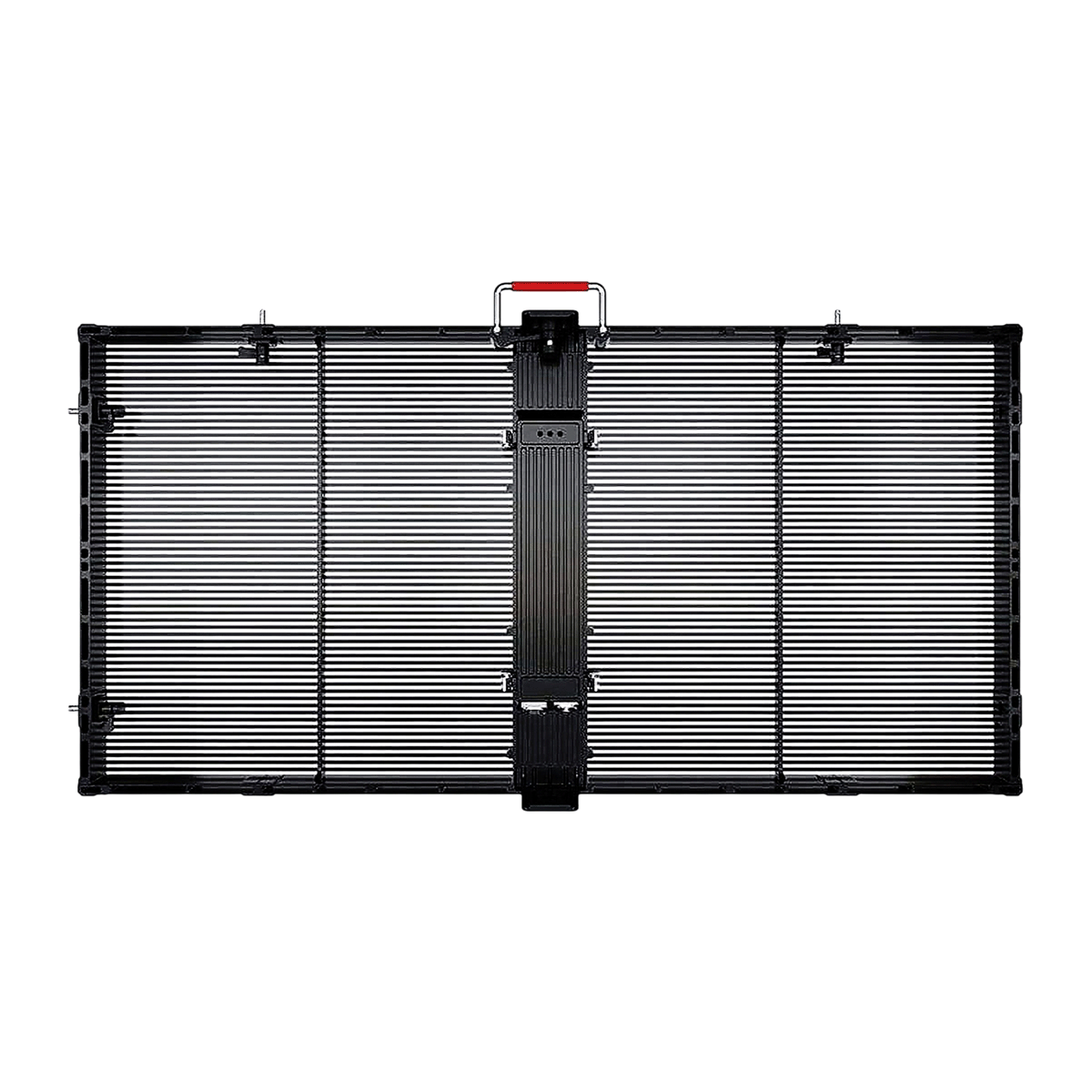 Reverso de la pantalla LED transparente: asa superior, seguros laterales y columna de conexiones